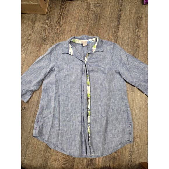 Chico's Tops - Chicos No Iron 100% Linen Button-Down Shirt Size 2 - L 12/14 Blue